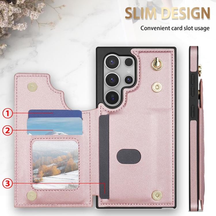 For Samsung Galaxy S25 Ultra 5G Rhombic Dual Buckle Card Slots Phone Case with Lanyard(Rose Gold) - Galaxy S25 Ultra 5G Cases by PMC Jewellery | Online Shopping South Africa | PMC Jewellery | Buy Now Pay Later Mobicred