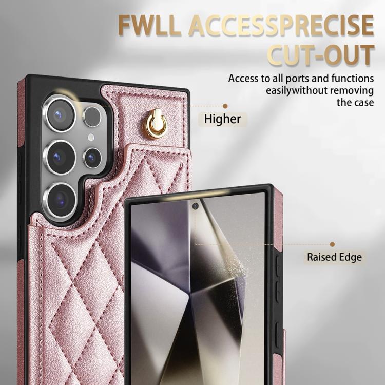 For Samsung Galaxy S25 Ultra 5G Rhombic Dual Buckle Card Slots Phone Case with Lanyard(Rose Gold) - Galaxy S25 Ultra 5G Cases by PMC Jewellery | Online Shopping South Africa | PMC Jewellery | Buy Now Pay Later Mobicred