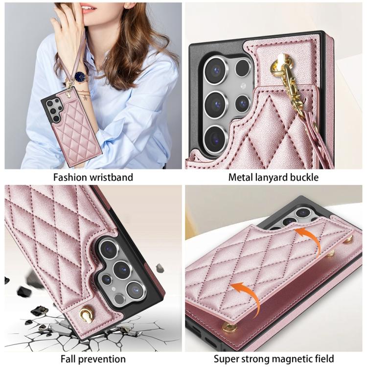 For Samsung Galaxy S25 Ultra 5G Rhombic Dual Buckle Card Slots Phone Case with Lanyard(Rose Gold) - Galaxy S25 Ultra 5G Cases by PMC Jewellery | Online Shopping South Africa | PMC Jewellery | Buy Now Pay Later Mobicred