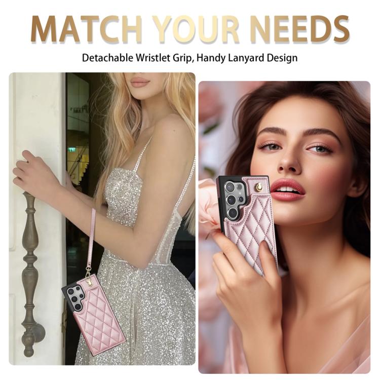 For Samsung Galaxy S25 Ultra 5G Rhombic Dual Buckle Card Slots Phone Case with Lanyard(Rose Gold) - Galaxy S25 Ultra 5G Cases by PMC Jewellery | Online Shopping South Africa | PMC Jewellery | Buy Now Pay Later Mobicred
