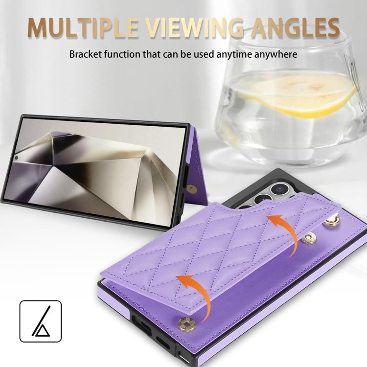 For Samsung Galaxy S25 Ultra 5G Rhombic Dual Buckle Card Slots Phone Case with Lanyard(Purple) - Galaxy S25 Ultra 5G Cases by PMC Jewellery | Online Shopping South Africa | PMC Jewellery | Buy Now Pay Later Mobicred