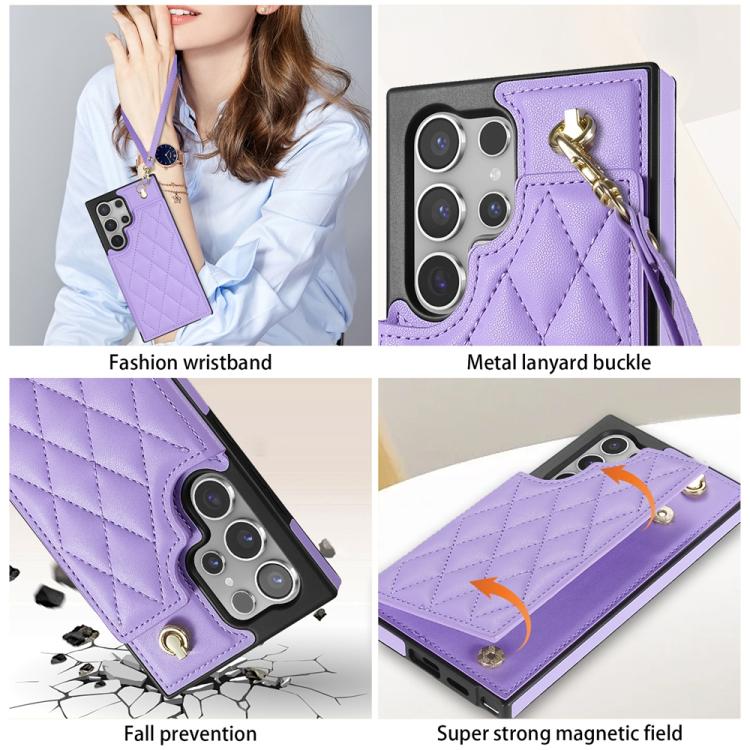 For Samsung Galaxy S25 Ultra 5G Rhombic Dual Buckle Card Slots Phone Case with Lanyard(Purple) - Galaxy S25 Ultra 5G Cases by PMC Jewellery | Online Shopping South Africa | PMC Jewellery | Buy Now Pay Later Mobicred