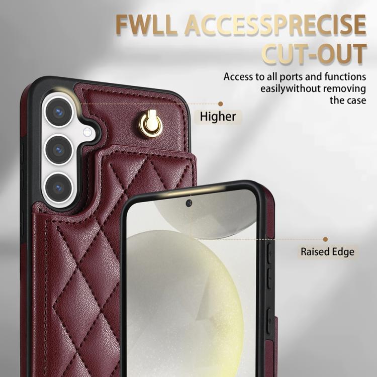 For Samsung Galaxy S25+ 5G Rhombic Dual Buckle Card Slots Phone Case with Lanyard(Wine Red) - Galaxy S25+ 5G Cases by PMC Jewellery | Online Shopping South Africa | PMC Jewellery | Buy Now Pay Later Mobicred