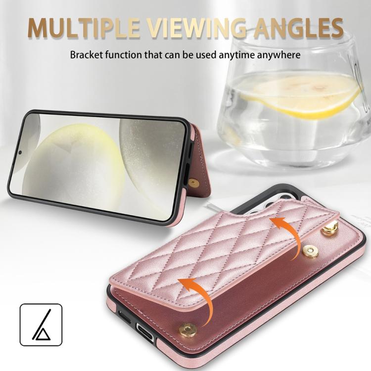 For Samsung Galaxy S25+ 5G Rhombic Dual Buckle Card Slots Phone Case with Lanyard(Rose Gold) - Galaxy S25+ 5G Cases by PMC Jewellery | Online Shopping South Africa | PMC Jewellery | Buy Now Pay Later Mobicred