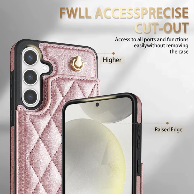 For Samsung Galaxy S25+ 5G Rhombic Dual Buckle Card Slots Phone Case with Lanyard(Rose Gold) - Galaxy S25+ 5G Cases by PMC Jewellery | Online Shopping South Africa | PMC Jewellery | Buy Now Pay Later Mobicred