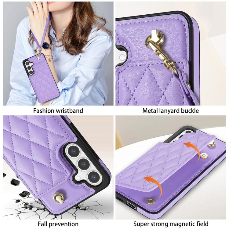 For Samsung Galaxy S25+ 5G Rhombic Dual Buckle Card Slots Phone Case with Lanyard(Purple) - Galaxy S25+ 5G Cases by PMC Jewellery | Online Shopping South Africa | PMC Jewellery | Buy Now Pay Later Mobicred