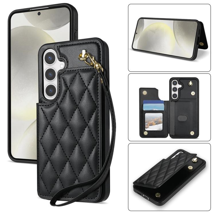 For Samsung Galaxy S25 5G Rhombic Dual Buckle Card Slots Phone Case with Lanyard(Black) - Galaxy S25 5G Cases by PMC TechLife | Online Shopping South Africa | PMC TechLife | Buy Now Pay Later Mobicred