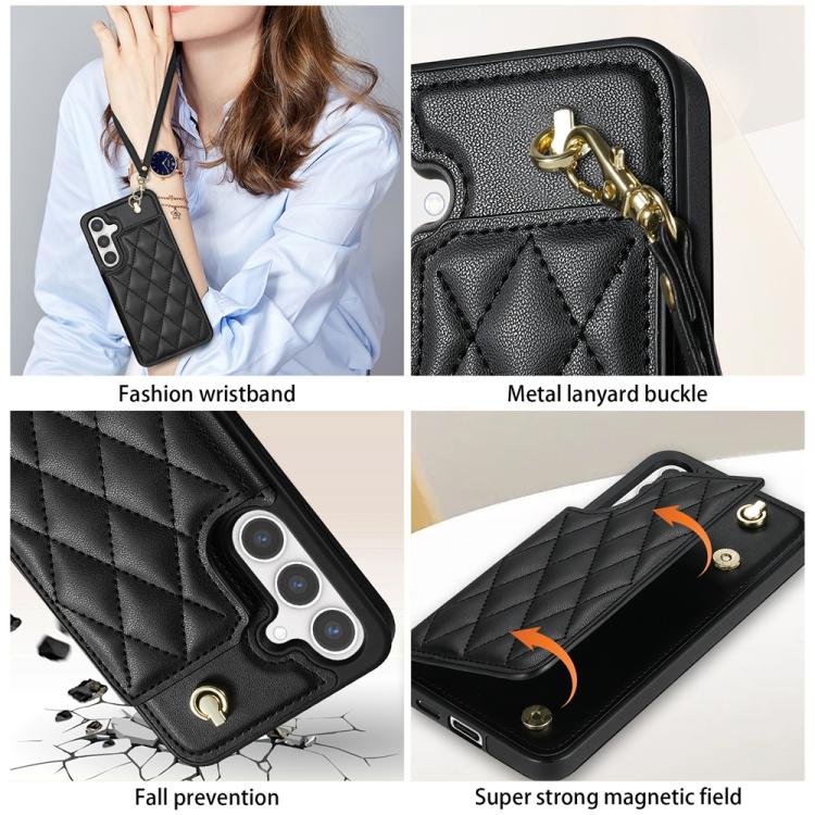 For Samsung Galaxy S25 5G Rhombic Dual Buckle Card Slots Phone Case with Lanyard(Black) - Galaxy S25 5G Cases by PMC TechLife | Online Shopping South Africa | PMC TechLife | Buy Now Pay Later Mobicred