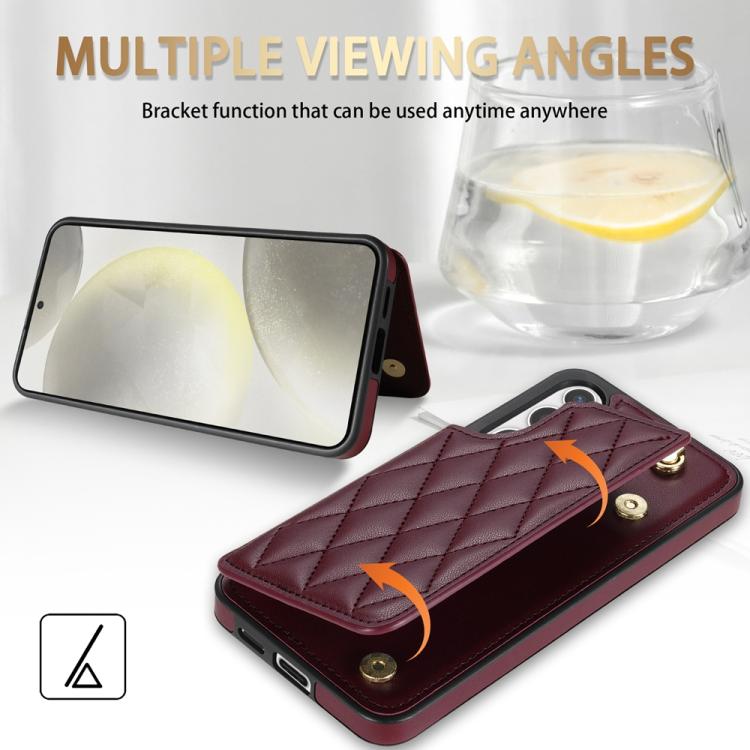 For Samsung Galaxy S25 5G Rhombic Dual Buckle Card Slots Phone Case with Lanyard(Wine Red) - Galaxy S25 5G Cases by PMC Jewellery | Online Shopping South Africa | PMC Jewellery | Buy Now Pay Later Mobicred