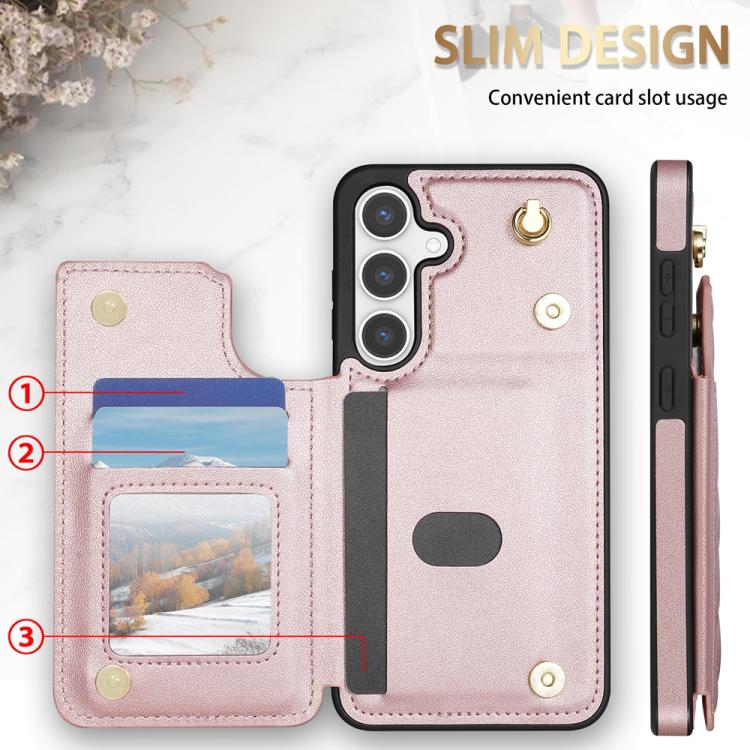 For Samsung Galaxy S25 5G Rhombic Dual Buckle Card Slots Phone Case with Lanyard(Rose Gold) - Galaxy S25 5G Cases by PMC Jewellery | Online Shopping South Africa | PMC Jewellery | Buy Now Pay Later Mobicred