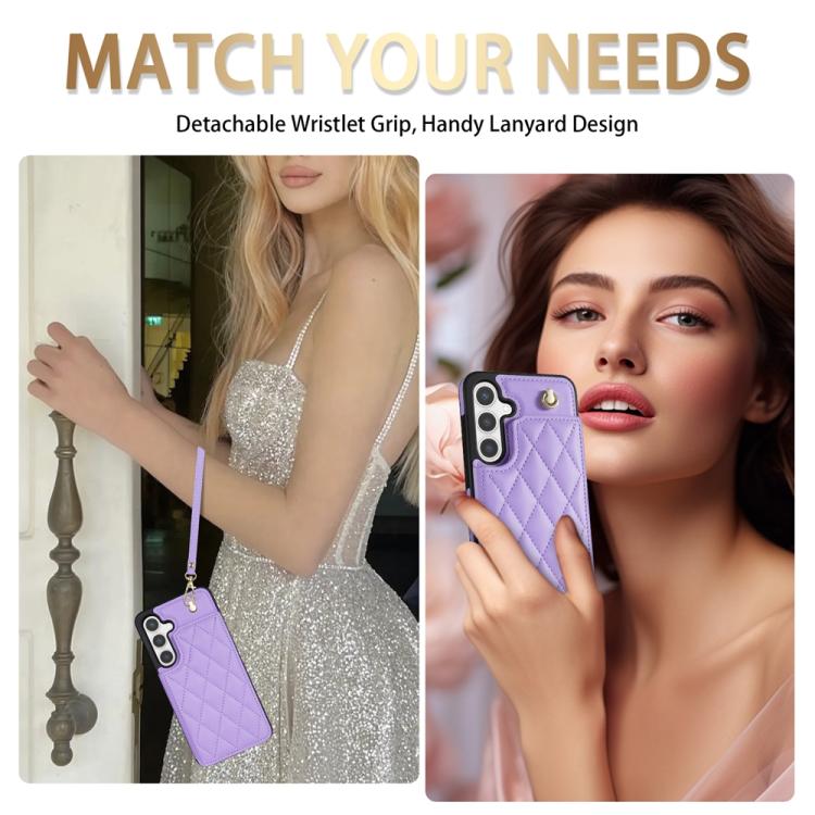 For Samsung Galaxy S25 5G Rhombic Dual Buckle Card Slots Phone Case with Lanyard(Purple) - Galaxy S25 5G Cases by PMC Jewellery | Online Shopping South Africa | PMC Jewellery | Buy Now Pay Later Mobicred