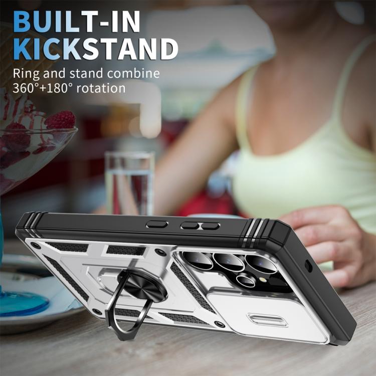 For Samsung Galaxy S25 Ultra 5G Sliding Camshield TPU Hybrid PC Phone Case with Holder(White+Black) - Galaxy S25 Ultra 5G Cases by PMC Jewellery | Online Shopping South Africa | PMC Jewellery | Buy Now Pay Later Mobicred