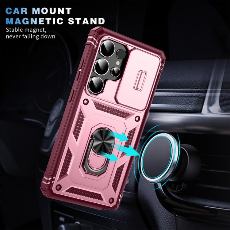 For Samsung Galaxy S25 Ultra 5G Sliding Camshield TPU Hybrid PC Phone Case with Holder(Pink+Rose Red) - Galaxy S25 Ultra 5G Cases by PMC Jewellery | Online Shopping South Africa | PMC Jewellery | Buy Now Pay Later Mobicred