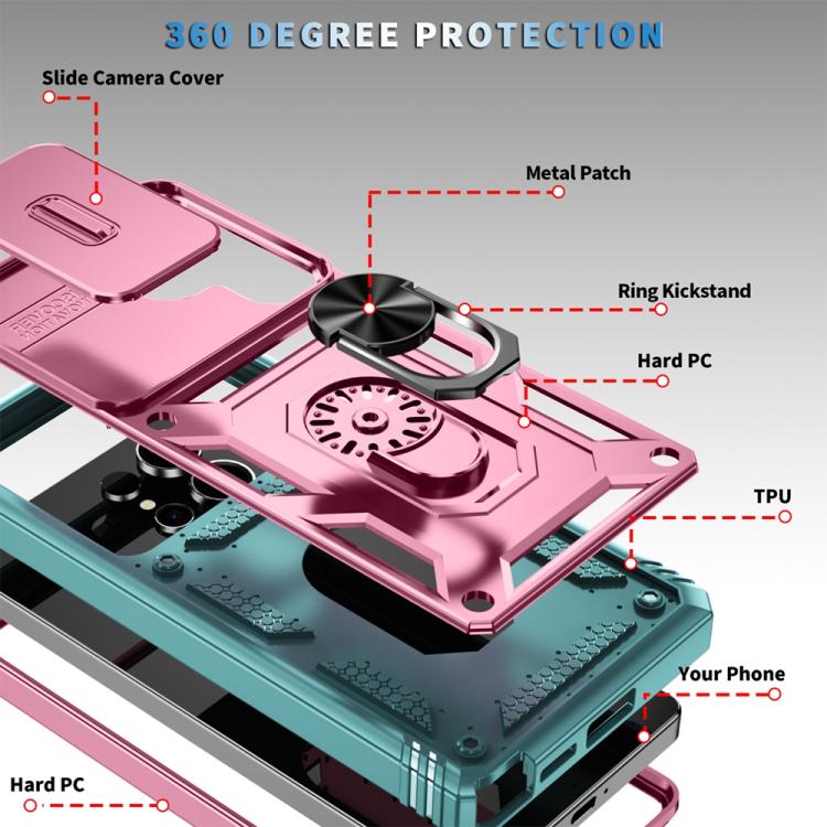 For Samsung Galaxy S25 Ultra 5G Sliding Camshield TPU Hybrid PC Phone Case with Holder(Green+Pink) - Galaxy S25 Ultra 5G Cases by PMC Jewellery | Online Shopping South Africa | PMC Jewellery | Buy Now Pay Later Mobicred