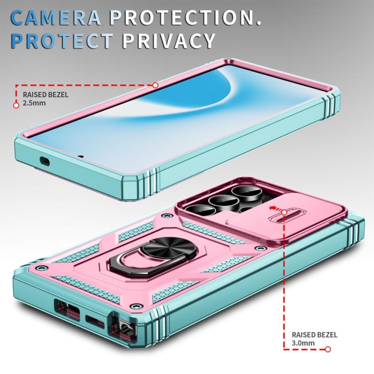 For Samsung Galaxy S25 Ultra 5G Sliding Camshield TPU Hybrid PC Phone Case with Holder(Green+Pink) - Galaxy S25 Ultra 5G Cases by PMC Jewellery | Online Shopping South Africa | PMC Jewellery | Buy Now Pay Later Mobicred