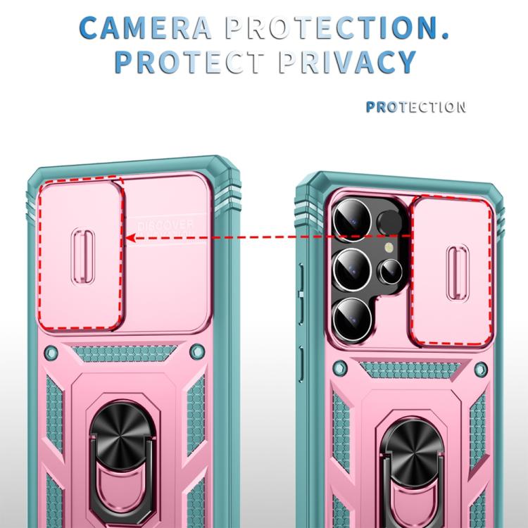For Samsung Galaxy S25 Ultra 5G Sliding Camshield TPU Hybrid PC Phone Case with Holder(Green+Pink) - Galaxy S25 Ultra 5G Cases by PMC Jewellery | Online Shopping South Africa | PMC Jewellery | Buy Now Pay Later Mobicred