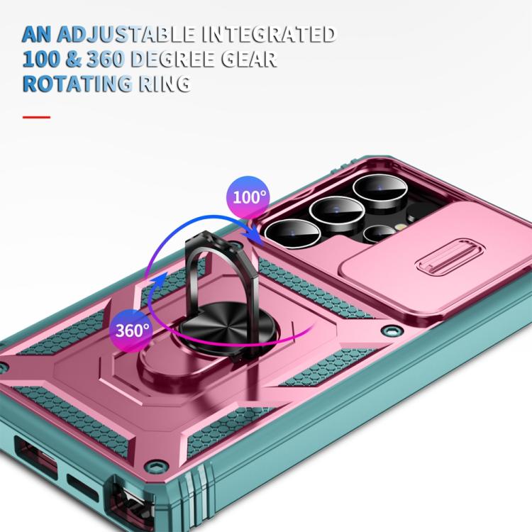 For Samsung Galaxy S25 Ultra 5G Sliding Camshield TPU Hybrid PC Phone Case with Holder(Green+Pink) - Galaxy S25 Ultra 5G Cases by PMC Jewellery | Online Shopping South Africa | PMC Jewellery | Buy Now Pay Later Mobicred