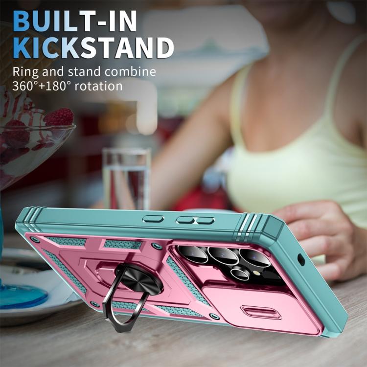 For Samsung Galaxy S25 Ultra 5G Sliding Camshield TPU Hybrid PC Phone Case with Holder(Green+Pink) - Galaxy S25 Ultra 5G Cases by PMC Jewellery | Online Shopping South Africa | PMC Jewellery | Buy Now Pay Later Mobicred