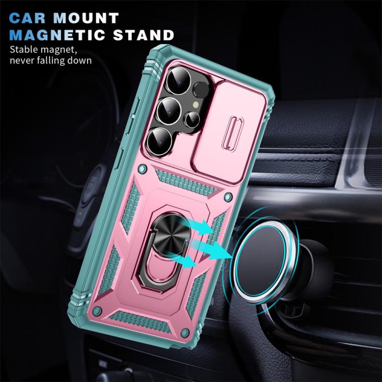 For Samsung Galaxy S25 Ultra 5G Sliding Camshield TPU Hybrid PC Phone Case with Holder(Green+Pink) - Galaxy S25 Ultra 5G Cases by PMC Jewellery | Online Shopping South Africa | PMC Jewellery | Buy Now Pay Later Mobicred
