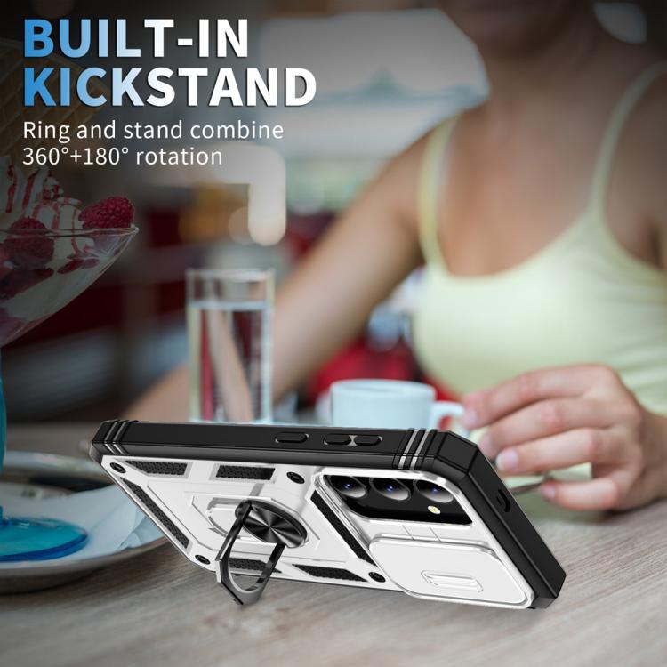 For Samsung Galaxy S25+ 5G Sliding Camshield TPU Hybrid PC Phone Case with Holder(White+Black) - Galaxy S25+ 5G Cases by PMC Jewellery | Online Shopping South Africa | PMC Jewellery | Buy Now Pay Later Mobicred