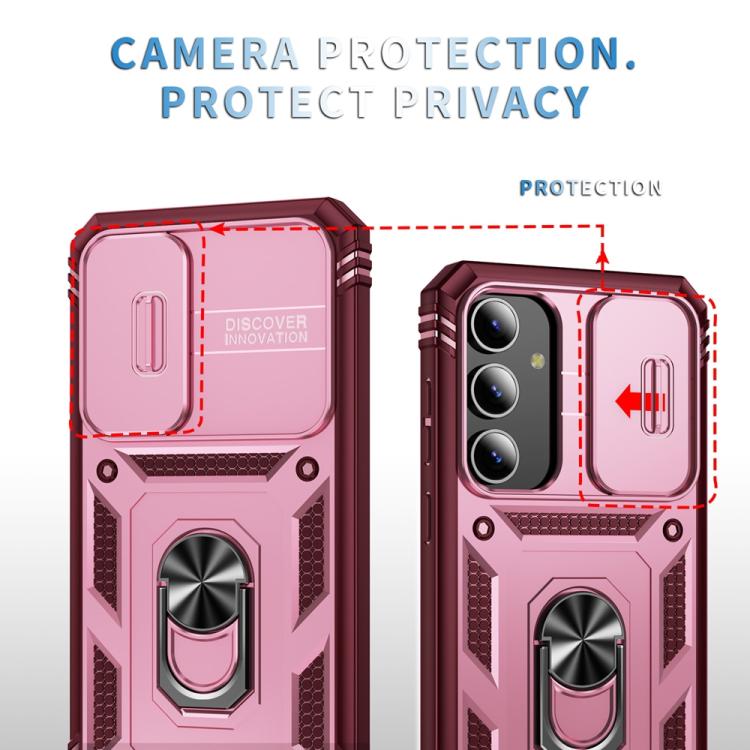 For Samsung Galaxy S25+ 5G Sliding Camshield TPU Hybrid PC Phone Case with Holder(Pink+Rose Red) - Galaxy S25+ 5G Cases by PMC Jewellery | Online Shopping South Africa | PMC Jewellery | Buy Now Pay Later Mobicred