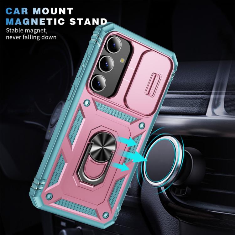 For Samsung Galaxy S25+ 5G Sliding Camshield TPU Hybrid PC Phone Case with Holder(Pink+Green) - Galaxy S25+ 5G Cases by PMC Jewellery | Online Shopping South Africa | PMC Jewellery | Buy Now Pay Later Mobicred
