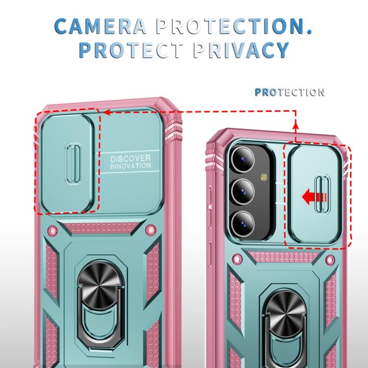 For Samsung Galaxy S25+ 5G Sliding Camshield TPU Hybrid PC Phone Case with Holder(Green+Pink) - Galaxy S25+ 5G Cases by PMC Jewellery | Online Shopping South Africa | PMC Jewellery | Buy Now Pay Later Mobicred