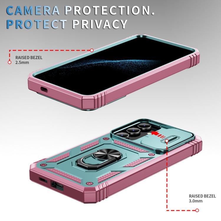 For Samsung Galaxy S25+ 5G Sliding Camshield TPU Hybrid PC Phone Case with Holder(Green+Pink) - Galaxy S25+ 5G Cases by PMC Jewellery | Online Shopping South Africa | PMC Jewellery | Buy Now Pay Later Mobicred