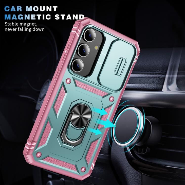 For Samsung Galaxy S25+ 5G Sliding Camshield TPU Hybrid PC Phone Case with Holder(Green+Pink) - Galaxy S25+ 5G Cases by PMC Jewellery | Online Shopping South Africa | PMC Jewellery | Buy Now Pay Later Mobicred