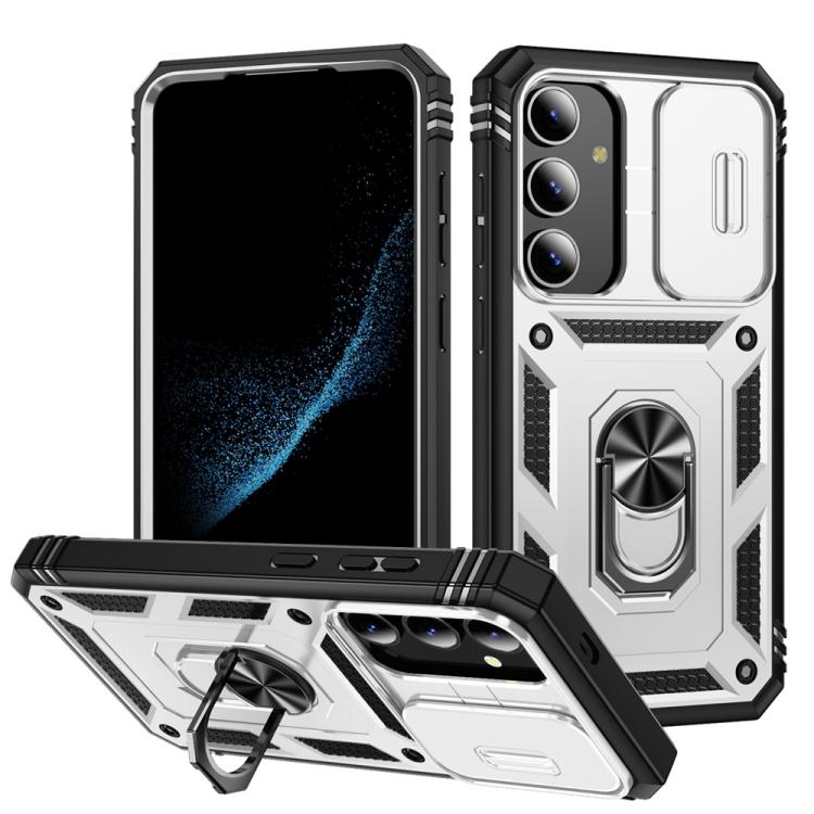 For Samsung Galaxy S25 5G Sliding Camshield TPU Hybrid PC Phone Case with Holder(White+Black) - Galaxy S25 5G Cases by PMC Jewellery | Online Shopping South Africa | PMC Jewellery | Buy Now Pay Later Mobicred