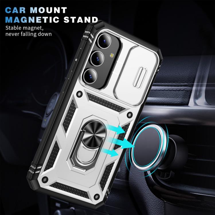 For Samsung Galaxy S25 5G Sliding Camshield TPU Hybrid PC Phone Case with Holder(White+Black) - Galaxy S25 5G Cases by PMC Jewellery | Online Shopping South Africa | PMC Jewellery | Buy Now Pay Later Mobicred