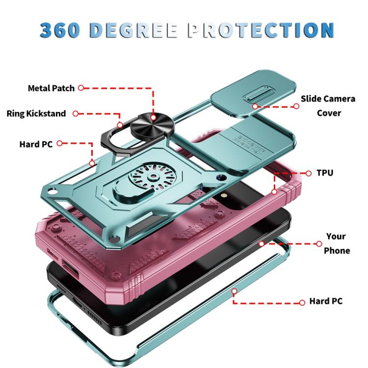 For Samsung Galaxy S25 5G Sliding Camshield TPU Hybrid PC Phone Case with Holder(Green+Pink) - Galaxy S25 5G Cases by PMC Jewellery | Online Shopping South Africa | PMC Jewellery | Buy Now Pay Later Mobicred