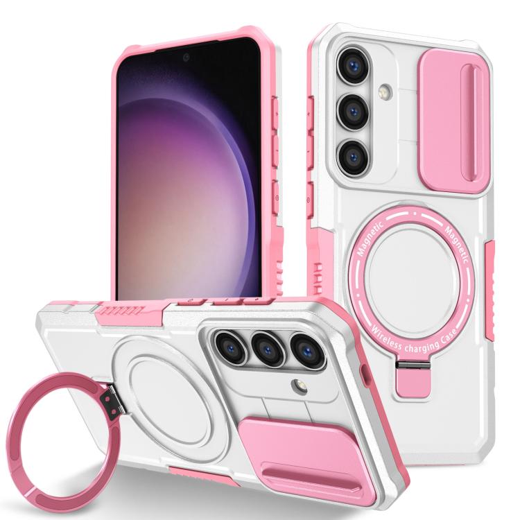 For Samsung Galaxy S25 5G Sliding Camshield MagSafe Holder TPU Hybrid PC Phone Case(Pink White) - Galaxy S25 5G Cases by PMC TechLife | Online Shopping South Africa | PMC TechLife | Buy Now Pay Later Mobicred