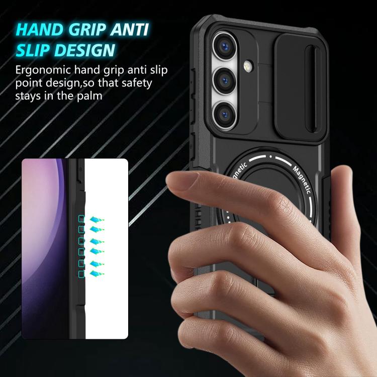 For Samsung Galaxy S25 5G Sliding Camshield MagSafe Holder TPU Hybrid PC Phone Case(Black) - Galaxy S25 5G Cases by PMC TechLife | Online Shopping South Africa | PMC TechLife | Buy Now Pay Later Mobicred