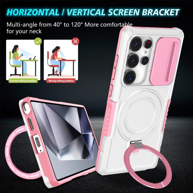 For Samsung Galaxy S25 Ultra 5G Sliding Camshield MagSafe Holder TPU Hybrid PC Phone Case(Pink White) - Galaxy S25 Ultra 5G Cases by PMC TechLife | Online Shopping South Africa | PMC TechLife | Buy Now Pay Later Mobicred