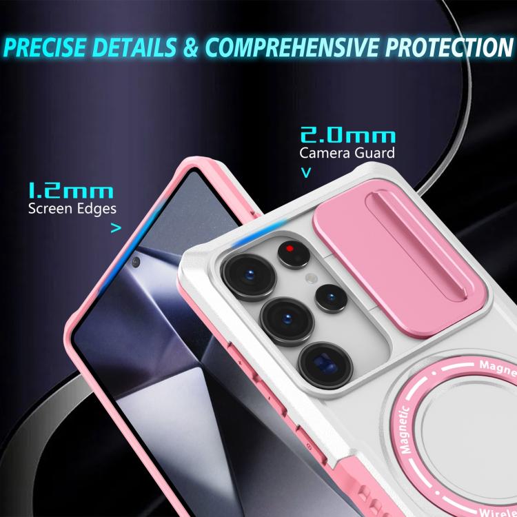For Samsung Galaxy S25 Ultra 5G Sliding Camshield MagSafe Holder TPU Hybrid PC Phone Case(Pink White) - Galaxy S25 Ultra 5G Cases by PMC TechLife | Online Shopping South Africa | PMC TechLife | Buy Now Pay Later Mobicred