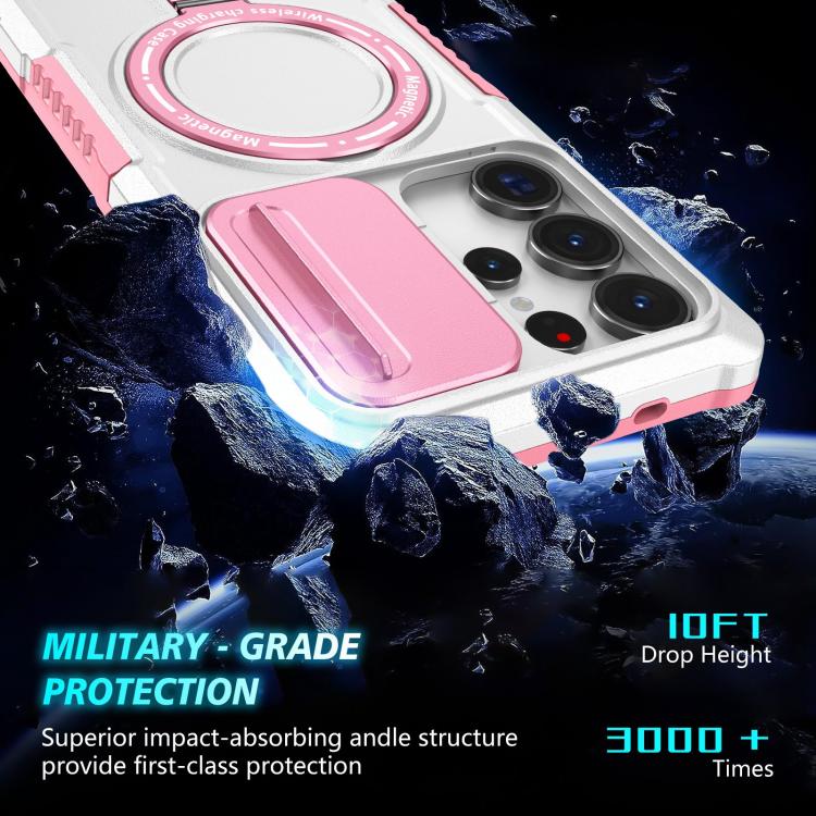 For Samsung Galaxy S25 Ultra 5G Sliding Camshield MagSafe Holder TPU Hybrid PC Phone Case(Pink White) - Galaxy S25 Ultra 5G Cases by PMC TechLife | Online Shopping South Africa | PMC TechLife | Buy Now Pay Later Mobicred