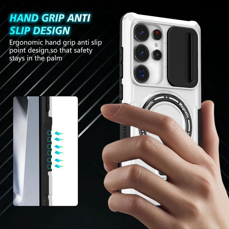For Samsung Galaxy S25 Ultra 5G Sliding Camshield MagSafe Holder TPU Hybrid PC Phone Case(Black White) - free shipping - PMC TechLife - Order now!