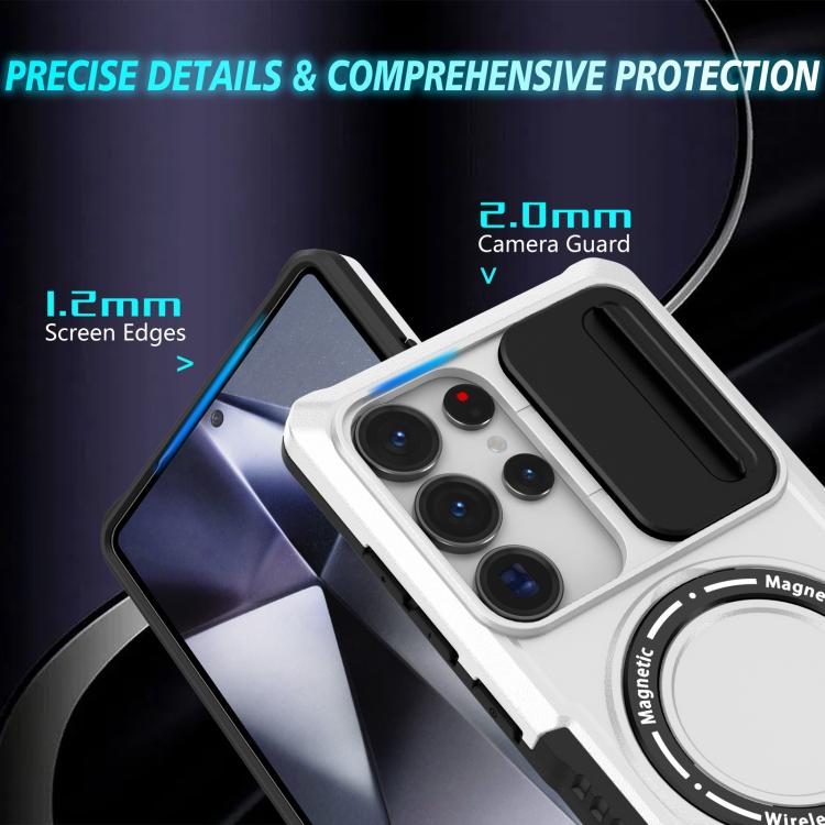 For Samsung Galaxy S25 Ultra 5G Sliding Camshield MagSafe Holder TPU Hybrid PC Phone Case(Black White) - free shipping - PMC TechLife - Order now!