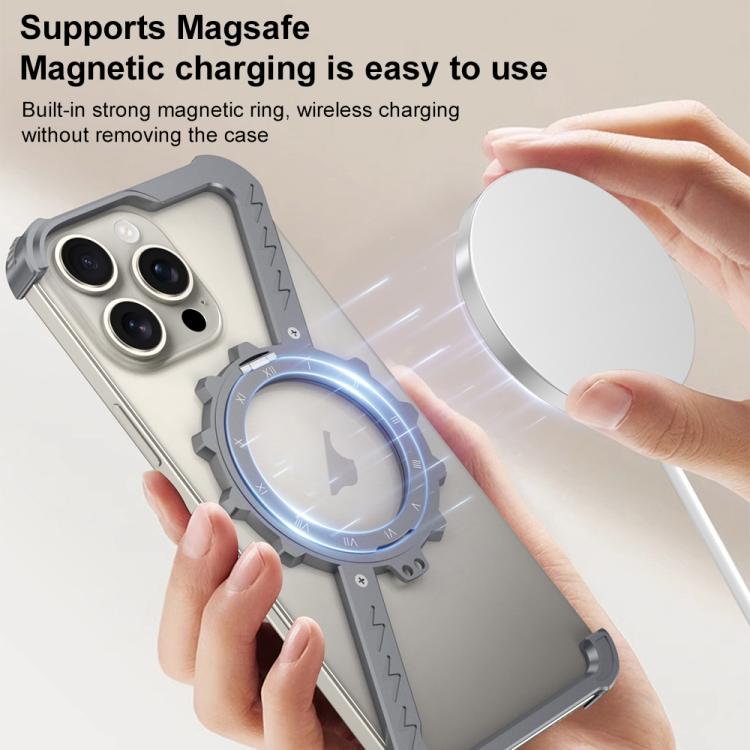 For iPhone 16 Plus Z-shaped Frameless Metal 360 Holder MagSafe Phone Case(Space Silver) - iPhone 16 Plus Cases by PMc TechLife | Online Shopping South Africa | PMc TechLife | Buy Now Pay Later Mobicred