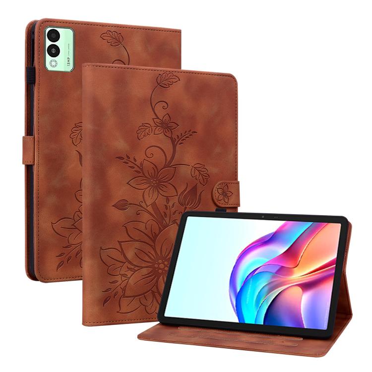 For Tecno Megapad 11 Lily Embossed Leather Tablet Case(Brown) - Others by PMC TechLife | Online Shopping South Africa | PMC TechLife | Buy Now Pay Later Mobicred