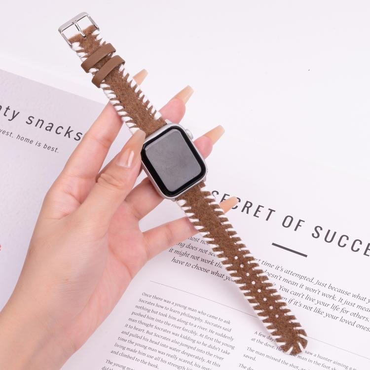 For Apple Watch 42mm / 41mm / 40mm / 38mm Retro Stitched Wool Genuine Leather Watch Band(White Brown) - free shipping - PMc TechLife - Order now!