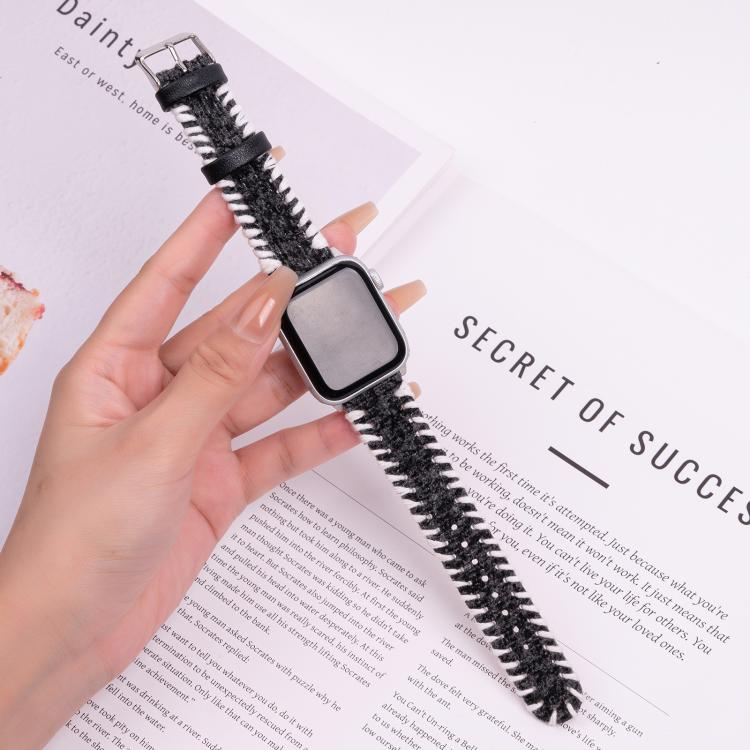 For Apple Watch 42mm / 41mm / 40mm / 38mm Retro Stitched Wool Genuine Leather Watch Band(Black) - free shipping - PMc TechLife - Order now!