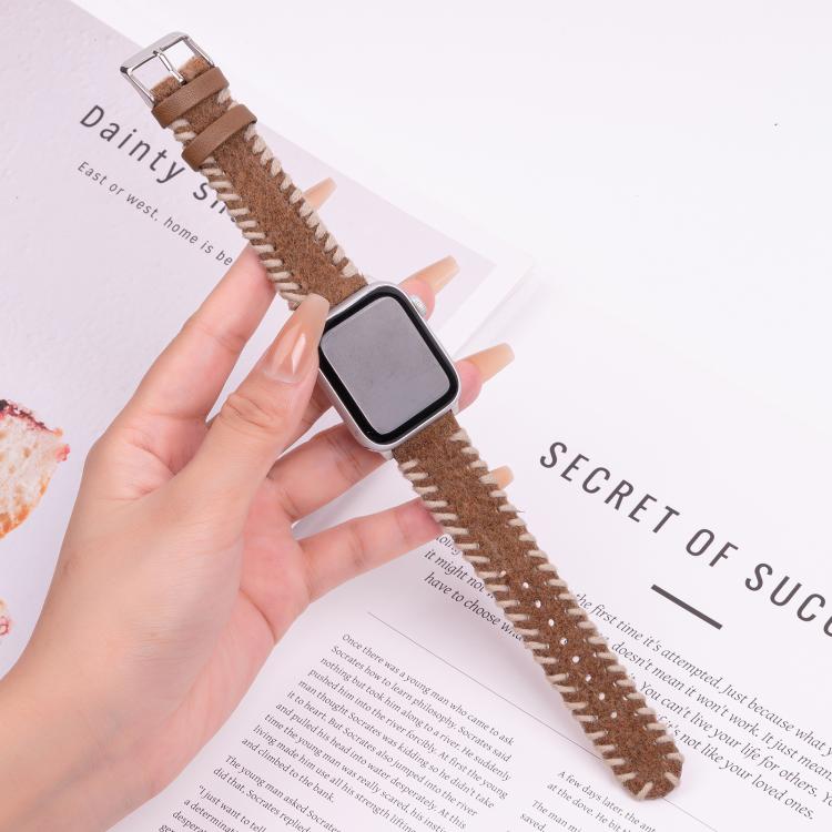 For Apple Watch 42mm / 41mm / 40mm / 38mm Retro Stitched Wool Genuine Leather Watch Band(Beige Brown) - free shipping - PMc TechLife - Order now!