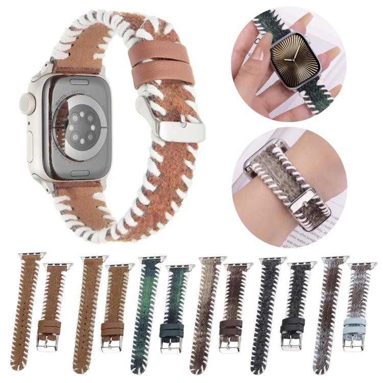 For Apple Watch 42mm / 41mm / 40mm / 38mm Retro Stitched Wool Genuine Leather Watch Band(White Brown) - free shipping - PMc TechLife - Order now!