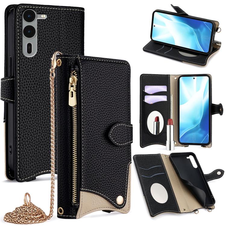 For  Fujitsu Arrows We2 Plus F-51E Crossbody Chain Fishtail Litchi Leather Phone Case(Black) - More Brand by PMC TechLife | Online Shopping South Africa | PMC TechLife | Buy Now Pay Later Mobicred