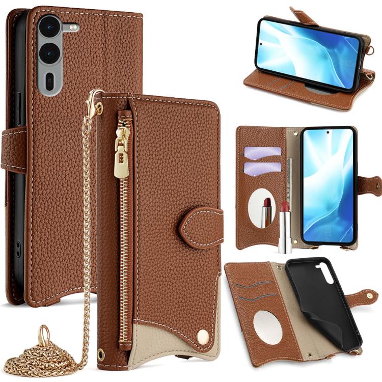 For  Fujitsu Arrows We2 Plus F-51E Crossbody Chain Fishtail Litchi Leather Phone Case(Brown) - More Brand by PMC TechLife | Online Shopping South Africa | PMC TechLife | Buy Now Pay Later Mobicred