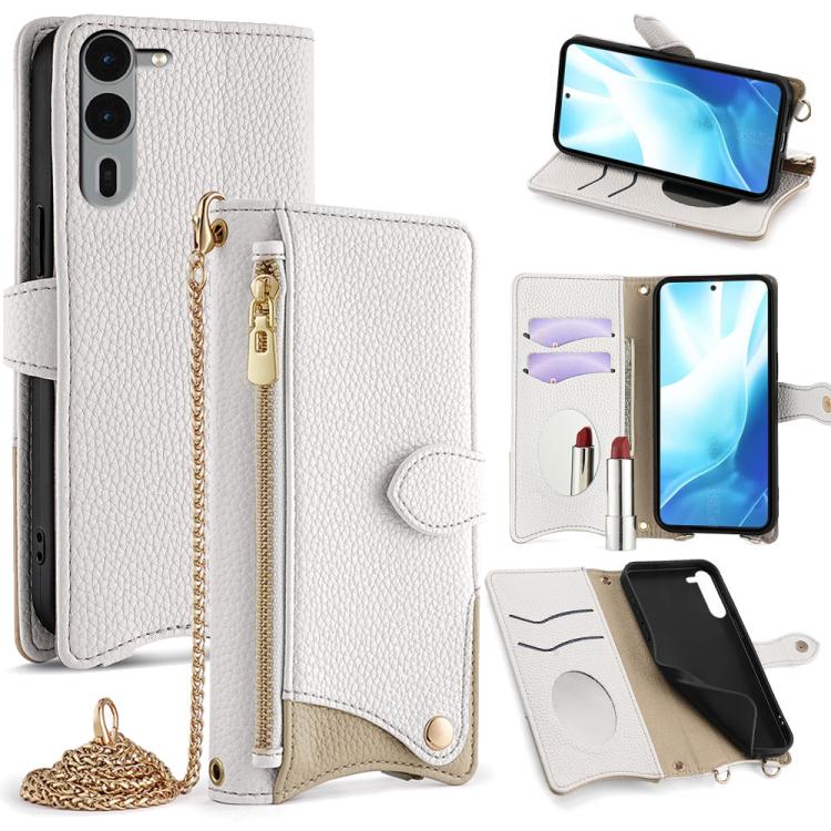 For  Fujitsu Arrows We2 Plus F-51E Crossbody Chain Fishtail Litchi Leather Phone Case(White) - More Brand by PMC TechLife | Online Shopping South Africa | PMC TechLife | Buy Now Pay Later Mobicred