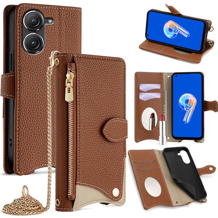 For Asus Zenfone 9 / Zenfone 10 Crossbody Chain Fishtail Litchi Leather Phone Case(Brown) - ASUS Cases by PMC TechLife | Online Shopping South Africa | PMC TechLife | Buy Now Pay Later Mobicred
