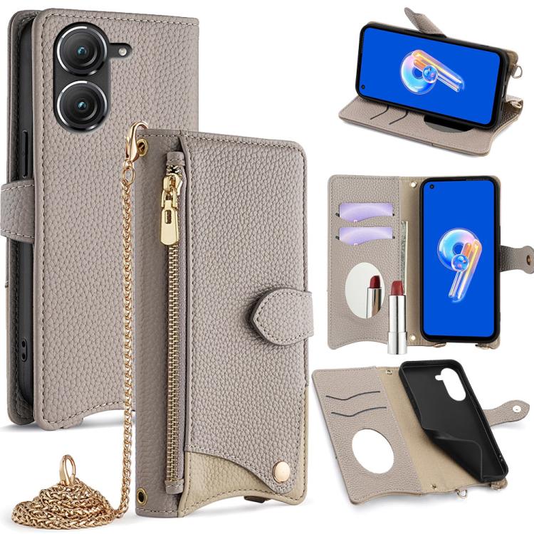 For Asus Zenfone 9 / Zenfone 10 Crossbody Chain Fishtail Litchi Leather Phone Case(Grey) - ASUS Cases by PMC TechLife | Online Shopping South Africa | PMC TechLife | Buy Now Pay Later Mobicred